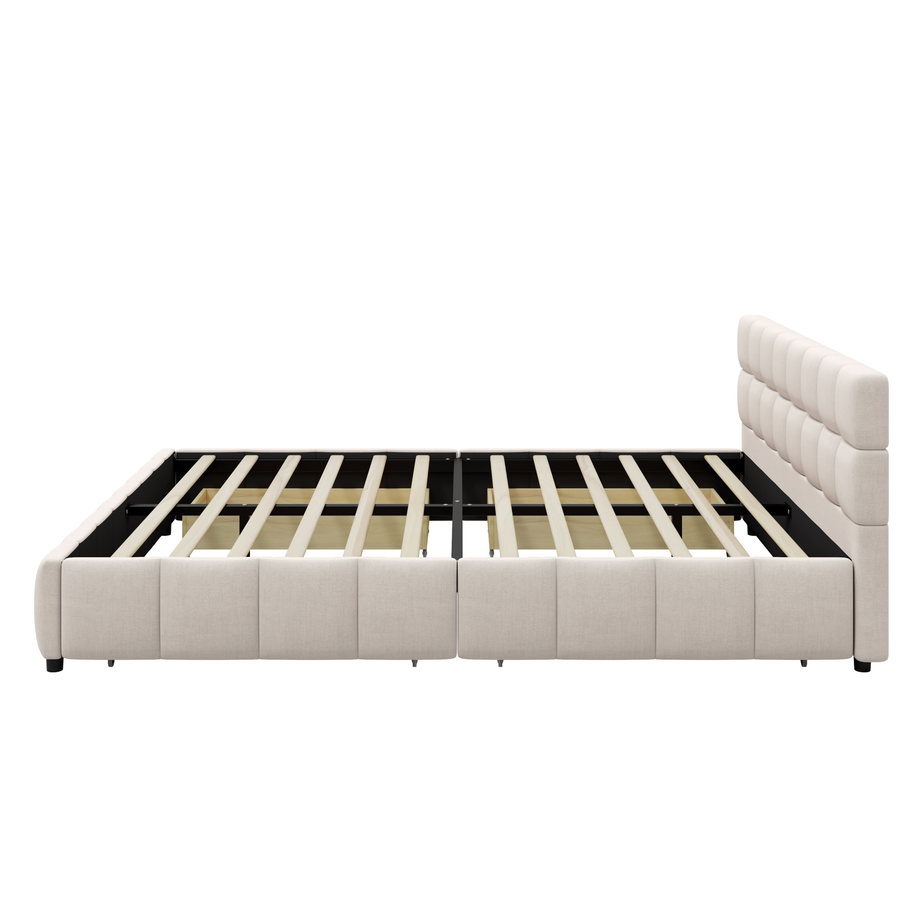 Howcool Queen Size Upholstered Platform Bed Frame with 4 Storage Drawers,Tufted Headboard,Linen Low-profile Bed with Wooden Slats,No Box Spring Needed,Beige