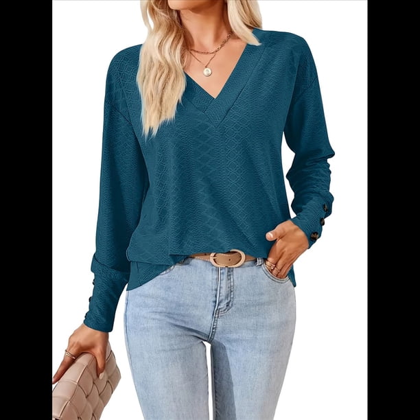 Blusas de Verano para Mujer con Mangas 3/4, Cuello en V, Mangas Abullonadas, Estilo Casual, con Textura Fruncida. Verde Oscuro 4XL