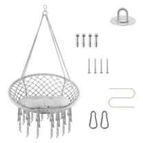 Hanging Hammock Chair, Steel Hardware & Hand-Knotted Cotton, Plush Cotton Cushion, 330 lb Reinforced, Gray Macrame Swing Seat, For Balcony, Patio, Cabin​