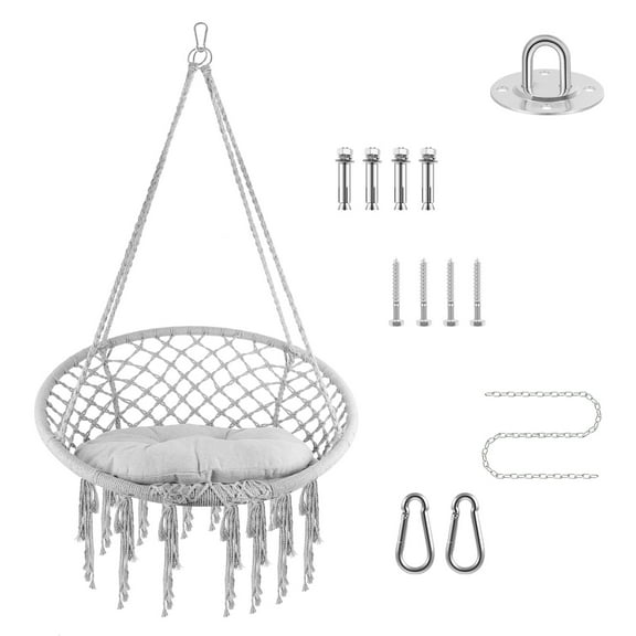 Hanging Hammock Chair, Steel Hardware & Hand-Knotted Cotton, Plush Cotton Cushion, 330 lb Reinforced, Gray Macrame Swing Seat, For Balcony, Patio, Cabin​