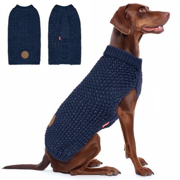 KYEESE Classic Dog Sweater With Leash Hole - Large Size Warm Coat for Large Dogs, Stretchy With Reflective Yarn, Comfy Clothes, Navyblue, 3XL