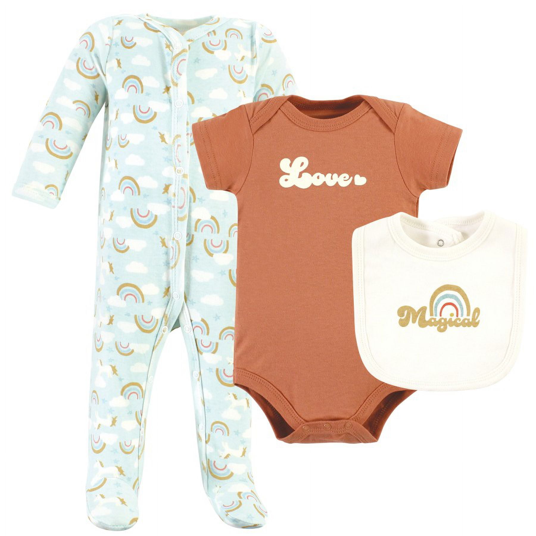 Hudson Baby Infant Girl Cotton Sleep and Play, Bodysuit and Bandana Bib Set, Magical Rainbow, 0-3 Months