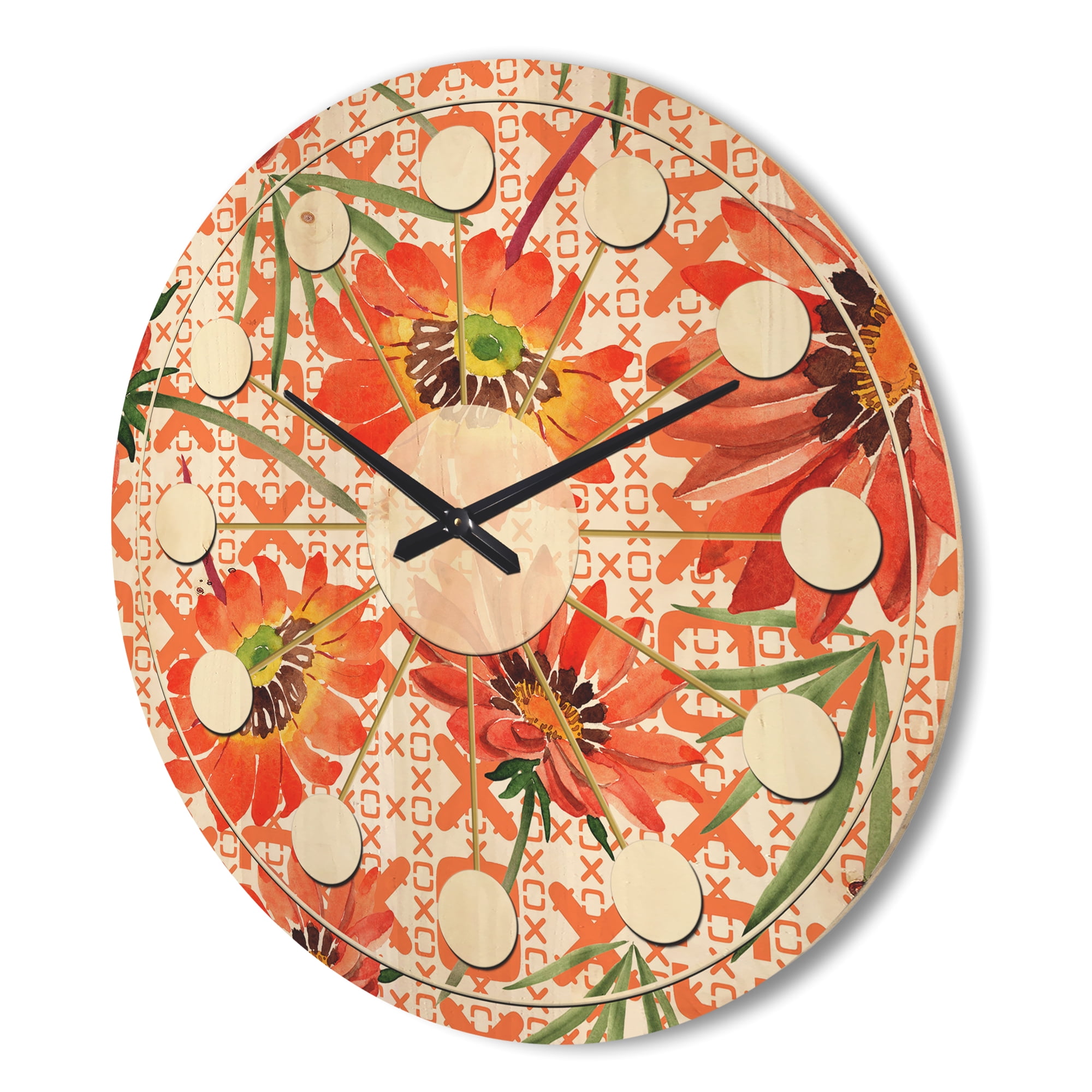 Designart 'Botanical Floral Retro I' Mid-Century Modern Wood Wall Clock