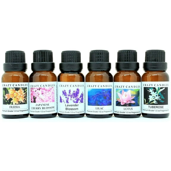 Crazy Candles 6 Bottles Set, 1 Freesia, 1 Japanese Cherry Blossom, 1 Lavender Blossom, 1 Lilac, 1 Lotus, 1 Tuberose 1/2 Fl Oz Each (15ml) Premium Fragrance Oils