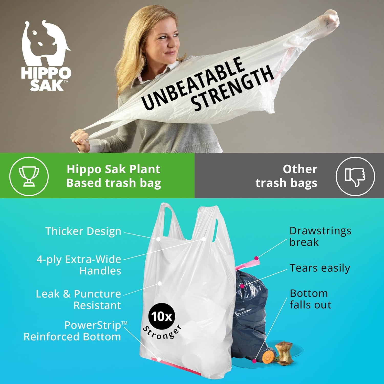 Plant Based Tall Kitchen Garbage Bags with Ergonomic Handles - 13 Gallon Trash Bags - Recyclable & Eco Friendly - Super Strong and Leak Proof Tall Kitchen Trash Bags (90 Count)