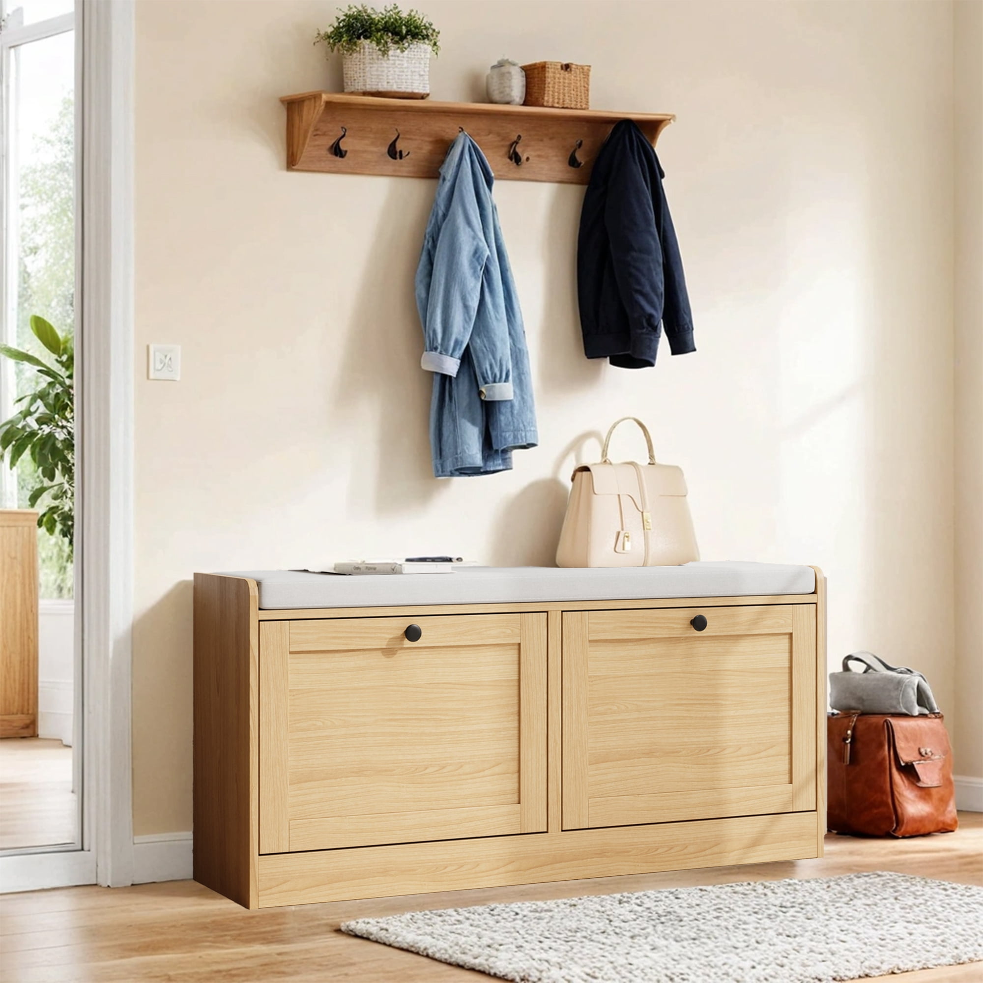 Oak Shoe Bench, Modern Entryway Bench with 2 Flip Drawers, Shoe Rack Bench with Padded Seat Cushion, Wooden Shoe Storage Bench for Entryway, Bedroom and Apartment