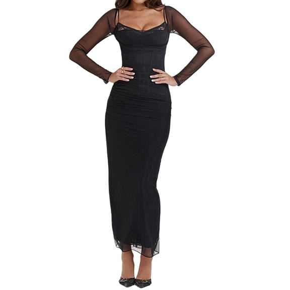 Dresses for Women Long Sleeve Slit Mesh Ruched Bodycon Maxi Dress Black L