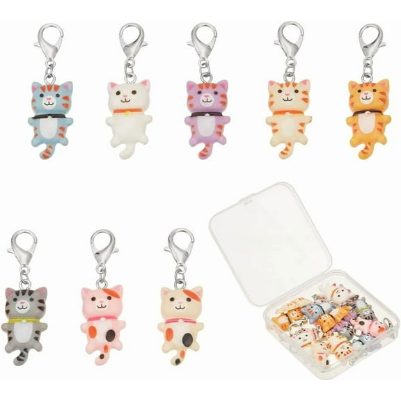 16 Pcs Cat Pendant Clip on Charms 8 Colors Cat Decorations with Lobster Clasp Animal Pendant for ID Card Purse Keychains Stitch Marker Office Graduation Supplies