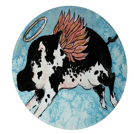 

KuzmarK 12 Round Glass Cutting Board - Flying Angel Pig Animal Art by Denise Every