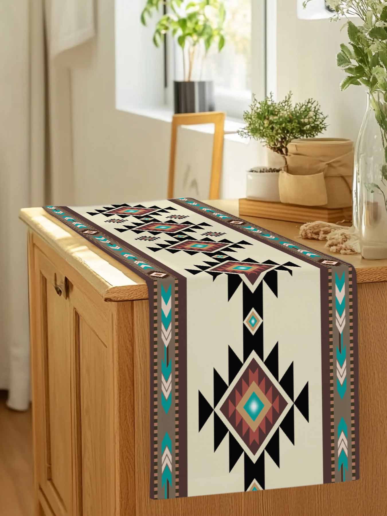 Brown Aztec Ethnic Art Table Runner 90 Inches Long, Retro Tribal Brown Texture Table Runners Tabletop Scarf Kitchen Dining Tables Decoration for Home Party Indoor Outdoor