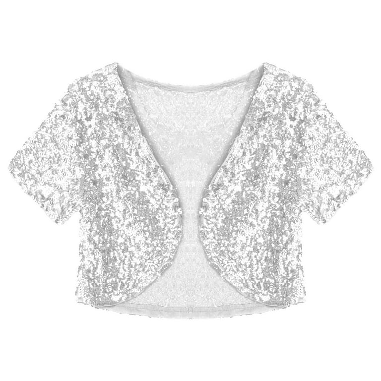 YONGHS Women Sparkle Sequins Short Sleeve Jacket Glitter Waistcoat Cardigan  Crop Top