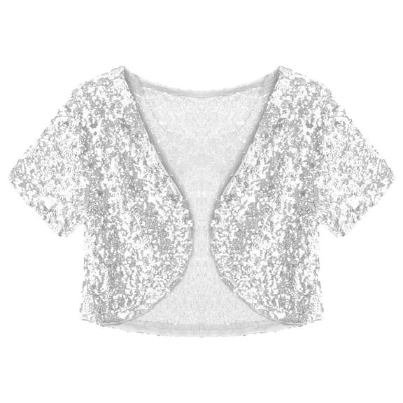 Aislor Women's Shiny Sequin Jacket Short Sleeve Open Front Cardigan Jacket Bolero Shrug Coat Tops Silver One Size
