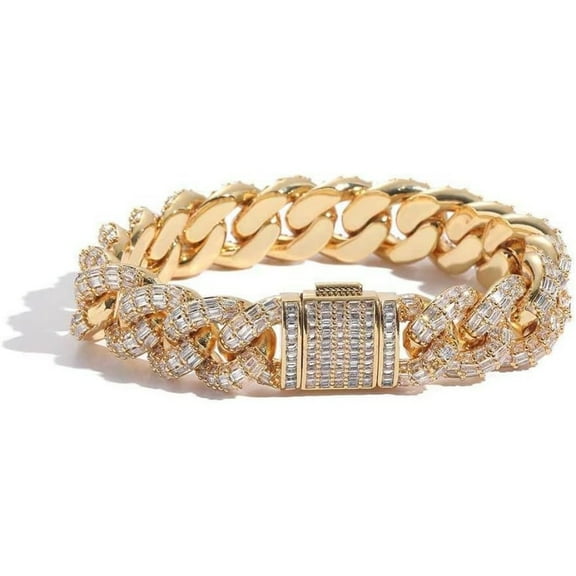 14K Gold 15mm Men's Bracelet with Triple Row T-Shaped Moissanite Cuban Link, Bold Hip-Hop Bling for Style-Savvy Men
