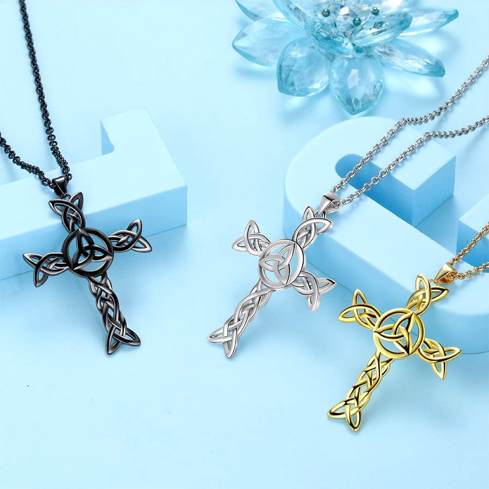Hipunk Celtic Cross Necklace for Men Women 925 Sterling Silver Celtic Knot Cross Pendant Necklace Trinity Triquetra Irish Jewelry Fathers Day Gift for Dad
