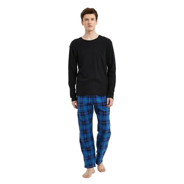 GLOBAL Conjunto de Pijama de Franela y Playera de Manga Larga para Hombre 100% Algodón Cuadros Azules M