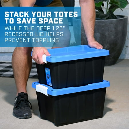 HART 5 Gallon Latching Plastic Storage Bin Container, Black Base with Blue Lid, Set of 4