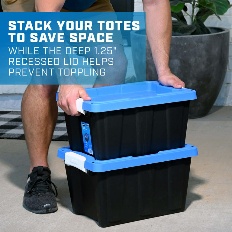 HART 50 Gallon Wheeled Plastic Storage Bin Container, Black with Blue Lid 
