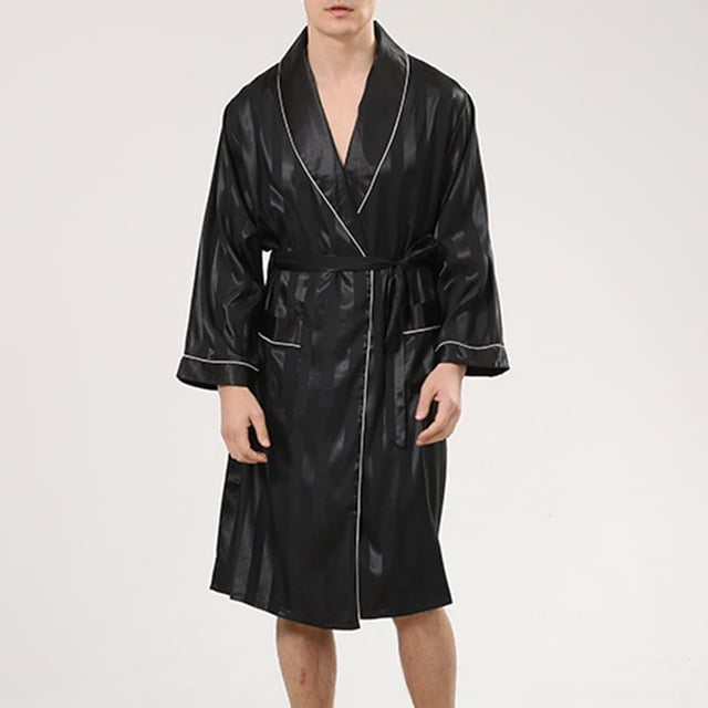 LSLJS Robe de Pyjama Longue à Manches Longues Décontractée pour Hommes, Rayée avec Lacets et Poches, Cadeaux pour Hommes