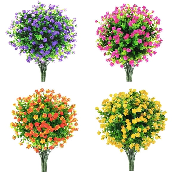 Flores artificiales para exteriores, resistentes a los rayos UV, 16 paquetes de flores colgantes de plástico multicolor para jardineras, patios, porches, jardines, ventanas, etc.