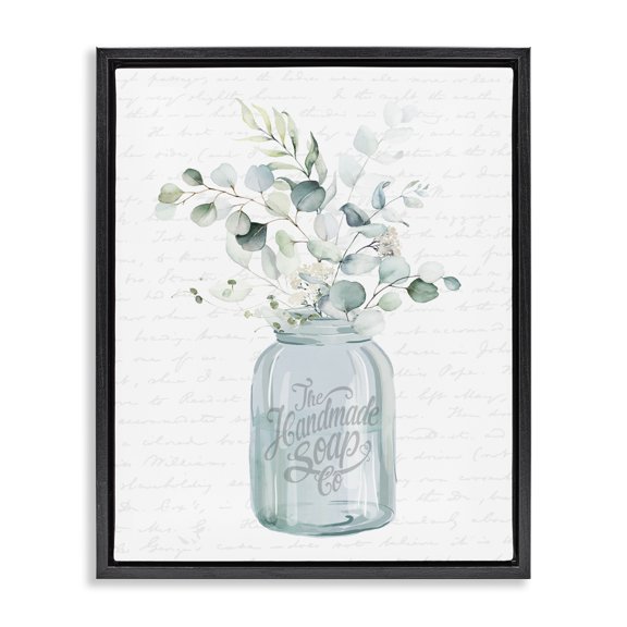 Stupell Industries French Country Botanical Sprigs Arrangement Vintage Jar Cursive Script Black Floating Frame Canvas Art, 17 x 21, by Lettered and Lined