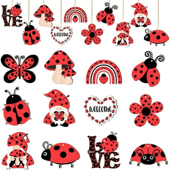 1 Box 24Pcs Wood Ladybug Charms Ladybug Decor Party Wooden Cute Ladybugs Lucky Insect Hanging Decoration With Rope Christmas Ornament Kit for Winter Wonderland Holiday Party Home Decor Craft Red