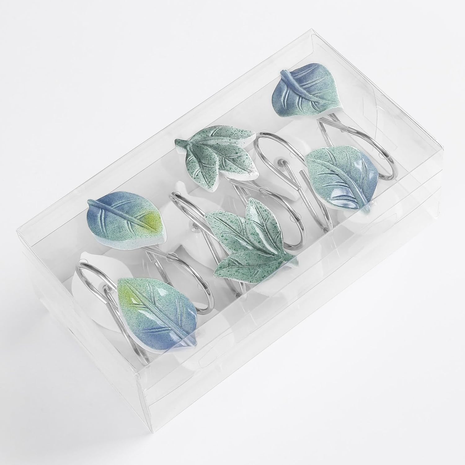 12PCS Leaves Shower Curtain Hooks, Blue Plant Leaf Decorative Shower Curtain Hooks Metal Rustproof Cute Eucalyptus Shower Curtain Rings Bathroom Decoration Accessories
