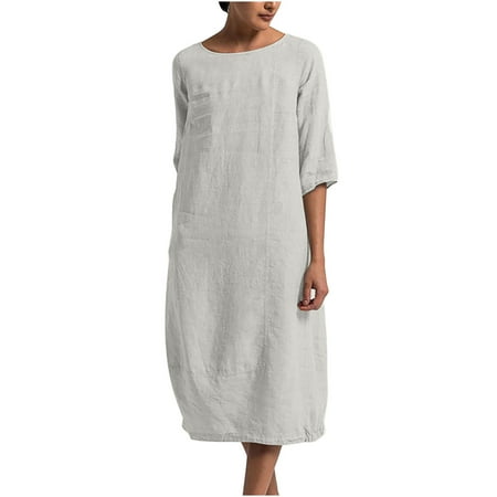 

Hfyihgf Women Plus Size Summer Cotton Linen Dresses 3/4 Sleeve Crew Neck Solid Color Loose Baggy Kaftan Long Dress with Pockets(Gray 3XL)