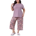 thumbnail image 2 of Conjunto de pijamas de dos piezas para mujeres de tallas grandes Agnes Orinda para el Día de la Madre, con camisetas de manga corta y pantalones, patrón impreso, 4X púrpura, 2 of 6