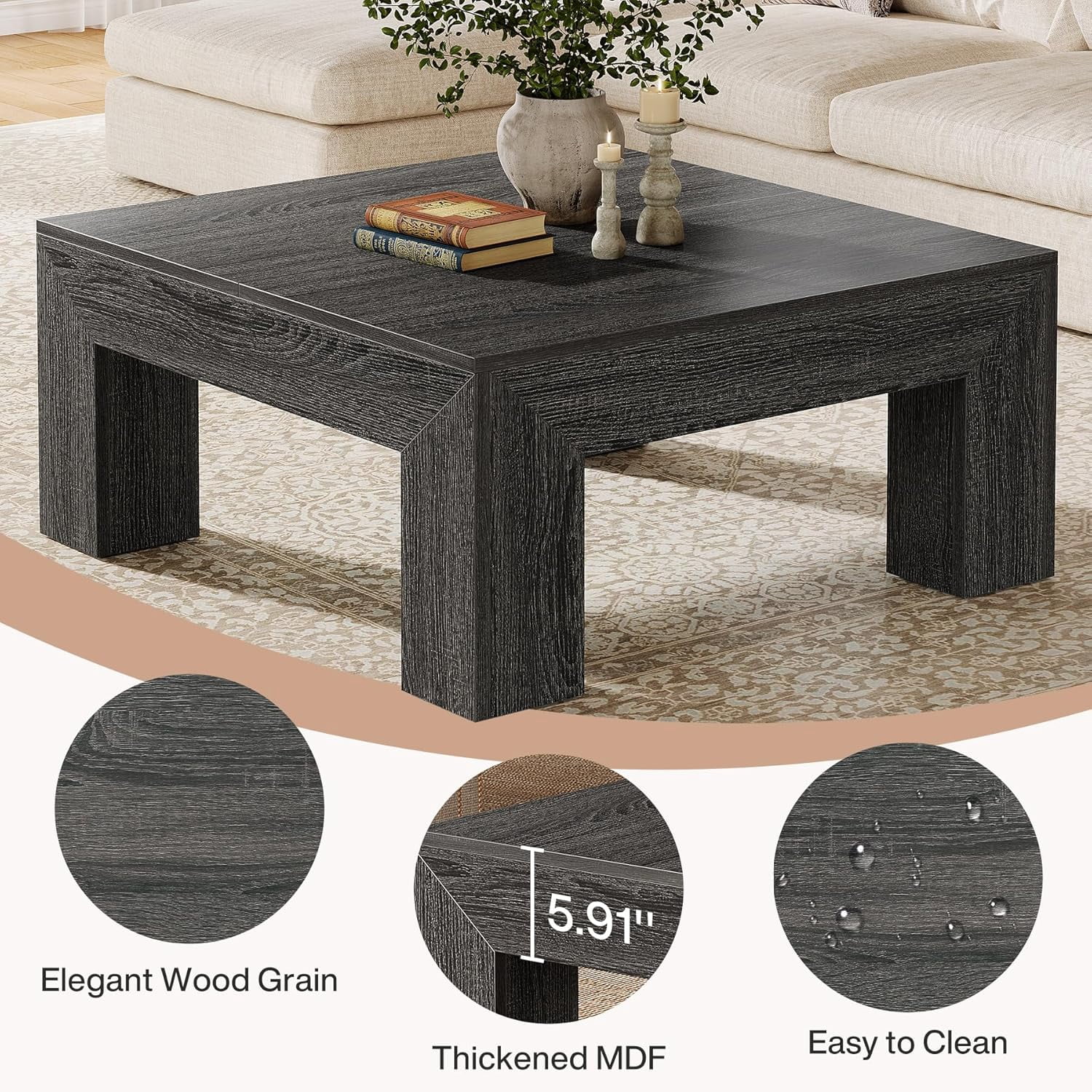 Tribesigns 39.4" All-Wood Coffee Table: Farmhouse Style Accent Centerpiece for Living Room with Sturdy Legs, Rustic Grey