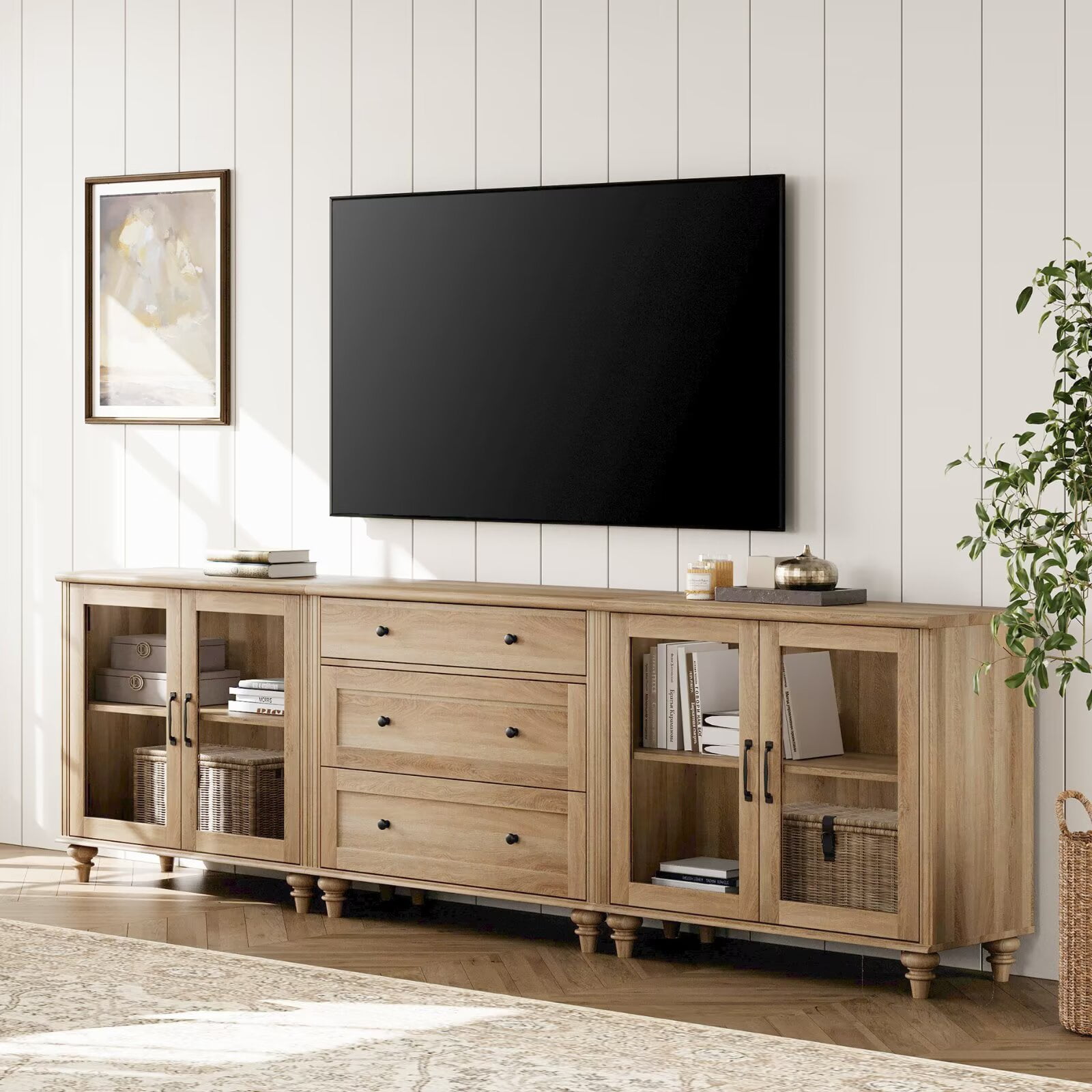 TV Stand for 100-Inch TV, 3-in-1 TV Console Table for 75/80/85/90-Inch TVs, Entertainment Center with Glass Door & Drawer, Oak Kitchen Sideboard Buffet Cabinet for Dining Room
