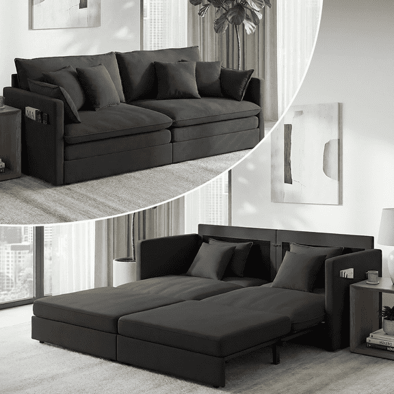 Puremind 78"W 3 in 1 Pull Out Sofa Bed, Queen Sleeper Couch with Side Pockets, Sofa with Pull Out Bed for Living Room/Apartment/Small Spaces, Black