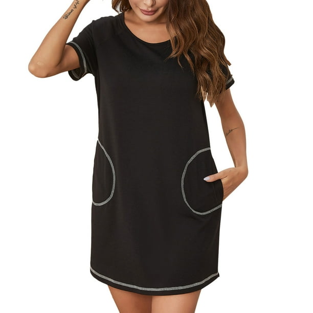 Pijamas Para Mujer, Camisones, Camisones Cortos, Vestido Suave A La Moda, Erógeno, Manga Corta, Cálido, Hogar, Bolsillo de Color Sólido Odeerbi ODB141705