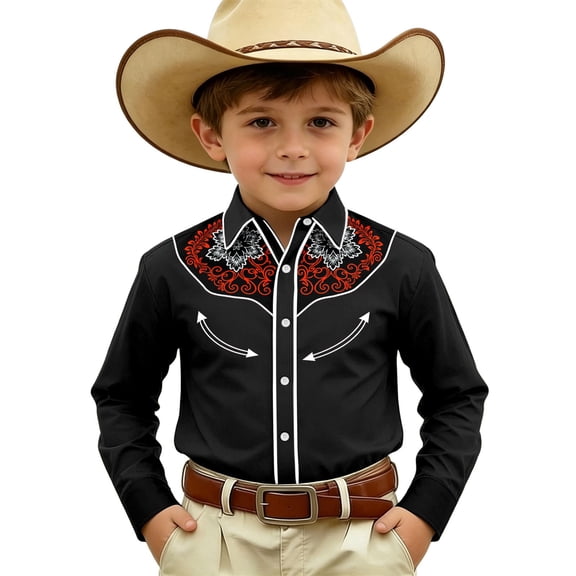 FINALGANG Boys Long Sleeve Shirts Kids Western Cowboy Shirt Printed Regular Fit Casual Shirts For Boys Button Down Shirt Western Festival Party Tops 4-5 Years