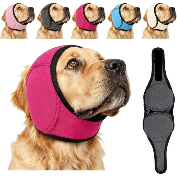 Noise Cancelling Ear Wrap, Dog Ear Muffs Noise Protection Firework Thunder Vacuum, Dog Head Wrap, Adjustable Dog Ear Protection Wrap for Dog Bathing Grooming Thunder Storm (Rose red, X-Large)