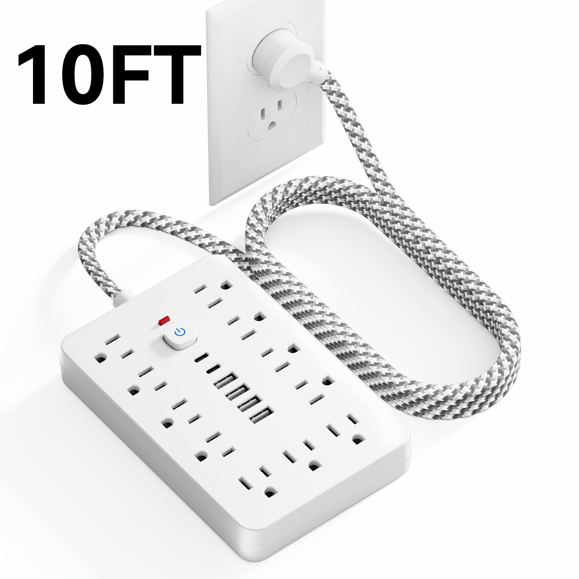 Surge Protector Power Strip with 11 AC Outlets, 4 USB-A & 2 USB-C Ports, 5ft/10ft Braided Cord, Overload Protection for Home Office Travel