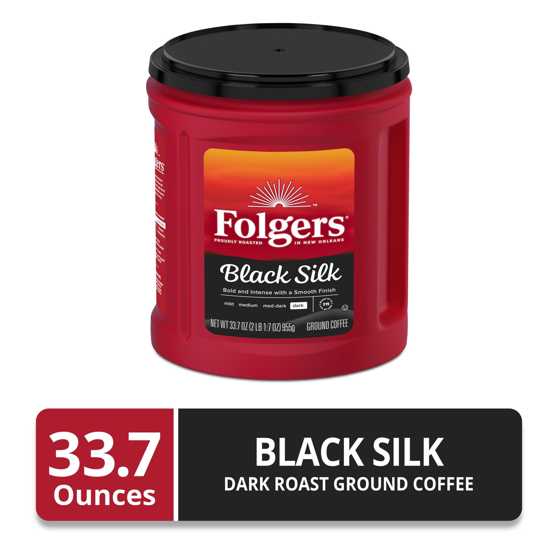 (6 pack) Folgers Black Silk Ground Coffee, Smooth Dark Roast Coffee, 33.7oz Canister