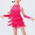 thumbnail image 4 of RUNQHUI Robe de Danse Latine à Franges pour Filles, Robe de Patinage Artistique Salsa Tango avec Gants Rose Vif 120, 4 of 7