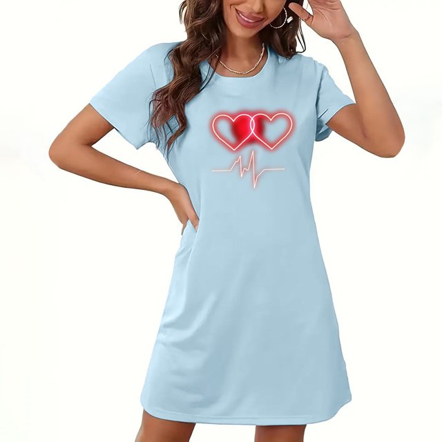 Xysaqa Chemise de Nuit pour Femmes, Col Rond, Chemise de Nuit Douce et Confortable, Imprimé Cœur, Bleu TG