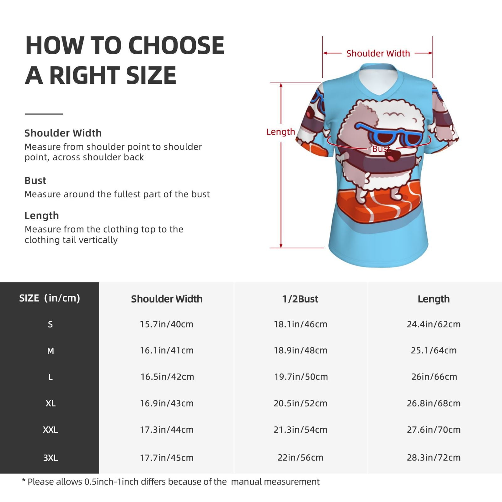 Xecao Sushi Salmon Surfing for Women's V-Neck T-Shirts-Elegant Half-Sleeve Tops Perfect for Summer-3X-Large