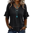 thumbnail image 3 of Nestiefly Womens Linen Tops Summer Casual Short Sleeve V Neck Shirts Fringe Retro Cotton Linen Blouses Raw Hem Beach Clothes 2026 Black 2XL, 3 of 6