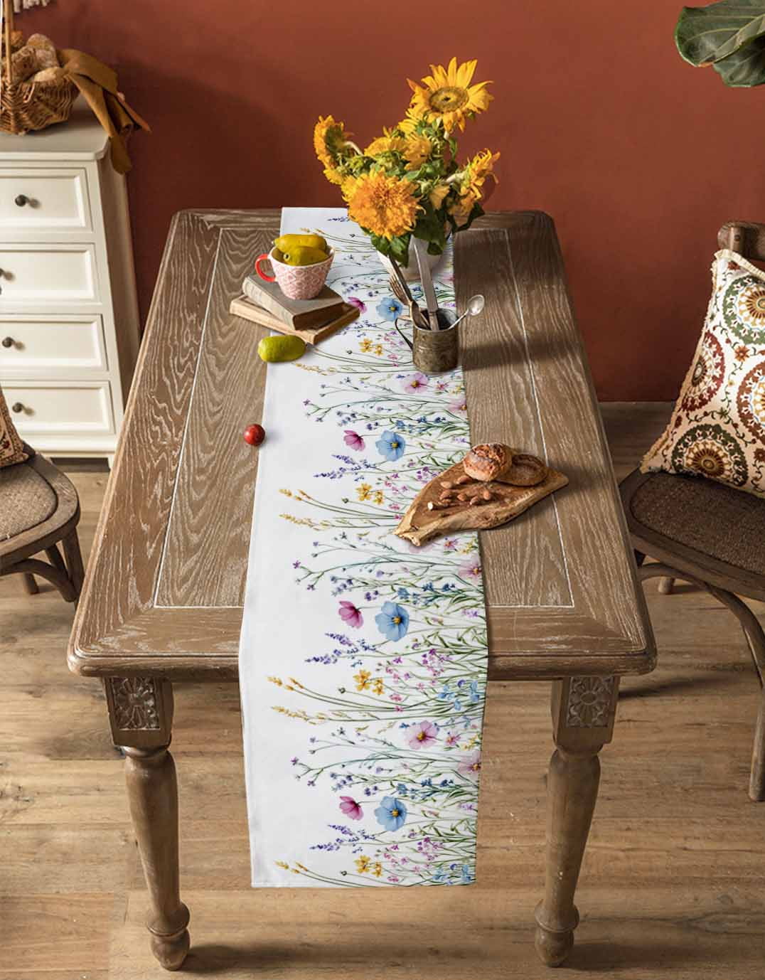 Hokiten Table Runners 108 Inches Long Dress Scarves, Spring Floral Farmhouse Coffee/Dining/Kitchen Table Runner for Living Room, Colorful Botanical Wildflower Summer 13x108 Inch