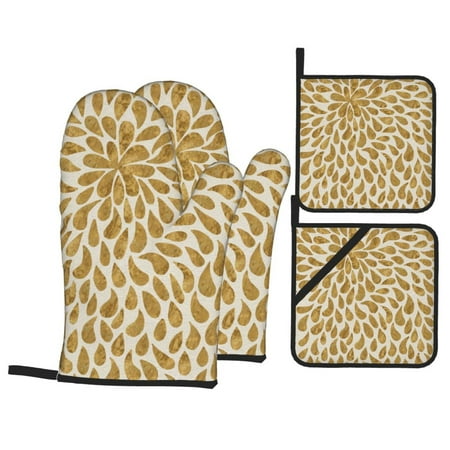 

Oven Mitts and Pot Holders 4 Piece Gold Drops High Heat Slip Resistant Oven Mitt and Trivets Set Kitchen Oven Glove Pot Holders for Cooking Baking Grilling