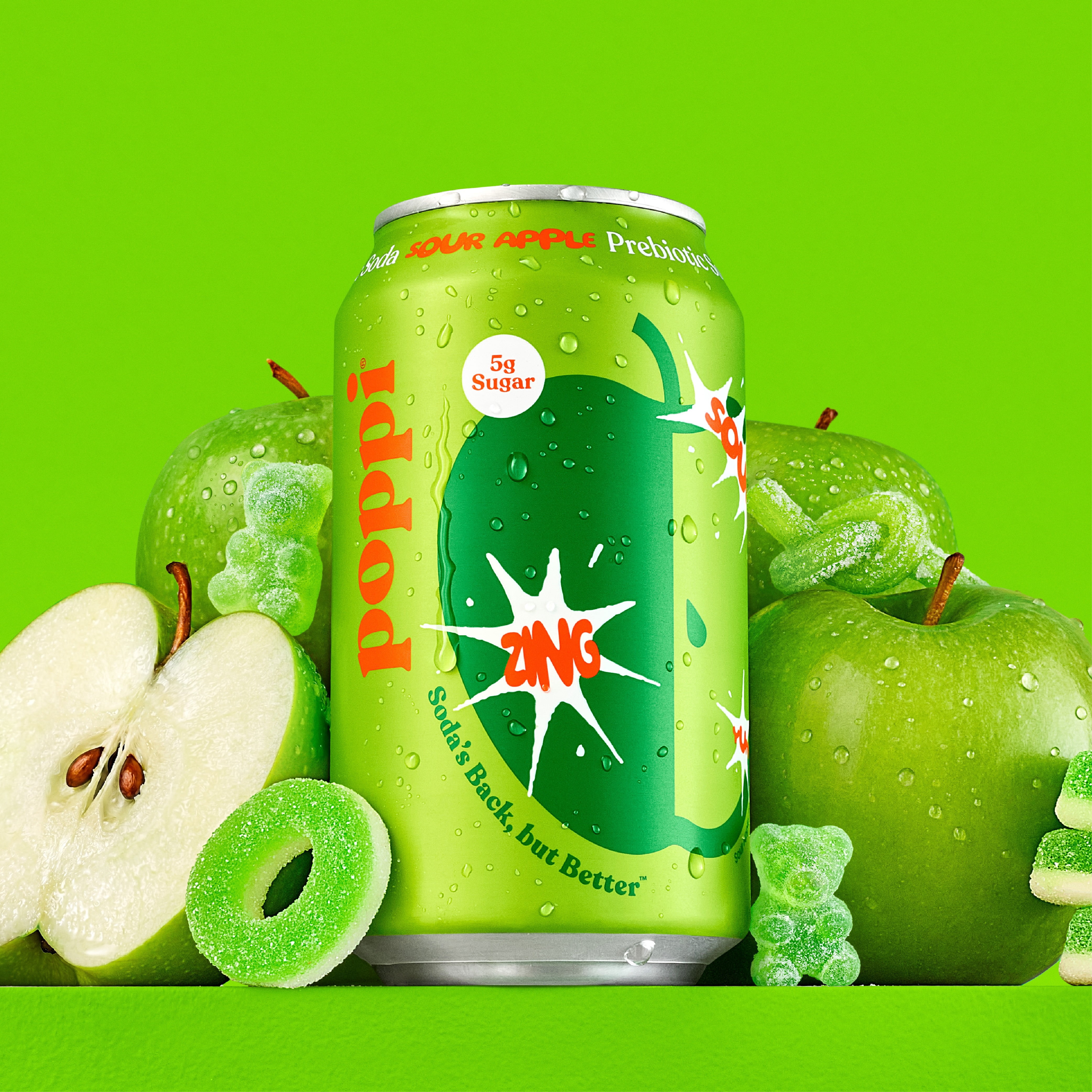 Poppi Sour Apple Prebiotic Soda, 12 oz, 12 Pack Cans