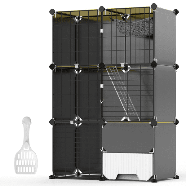 3‑Tier Multi‑Space Cat Enclosure Cage, Indoor Cat Play House with Litter Box Drawer, Reversible Hammock for Kittens, Rabbits, Chinchillas and Small Pets