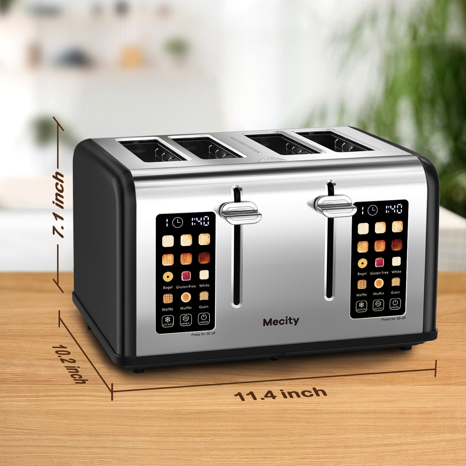 Mecity 4-Slice Toaster with Touchscreen, Stainless Steel, Wide Slots, 6 Browning Settings, Digital Display, Reheat, Defrost, Crumb Tray, Matte Black