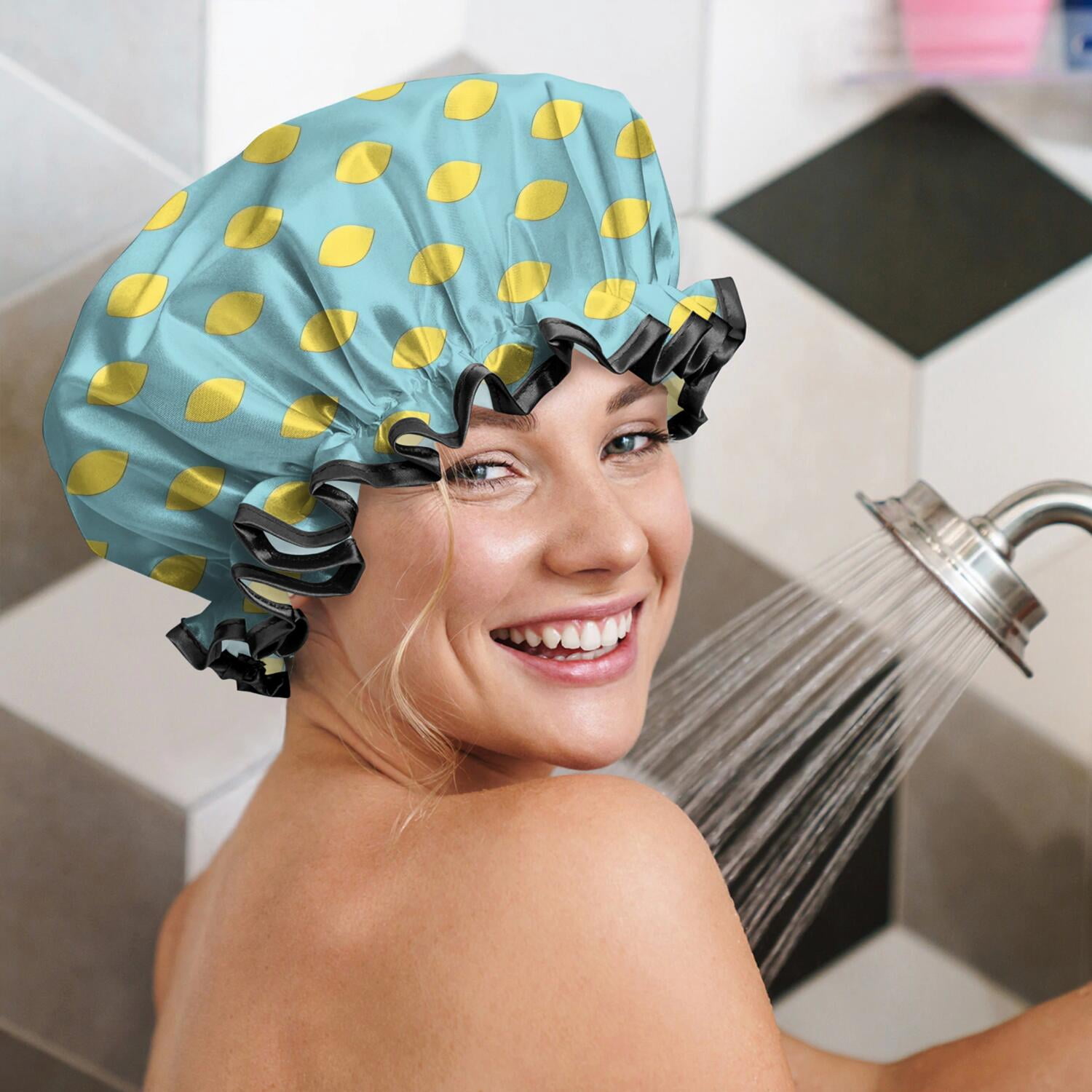 Shower Caps,Yellow Lemon Fruit Shapes LightBlue Pattern Waterproof Shower Cap for Women 4 Pieces,Double Reusable Hair Cover for Shower PEVA Elastic Stretch Hem