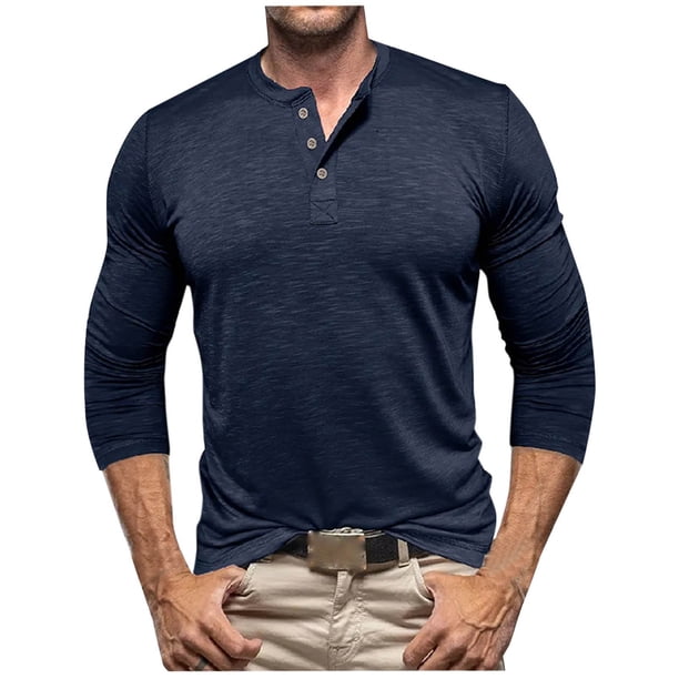 Blusas y camisas de manga larga y cuello redondo para hombre, de color liso, informales, con botones, de poliéster.