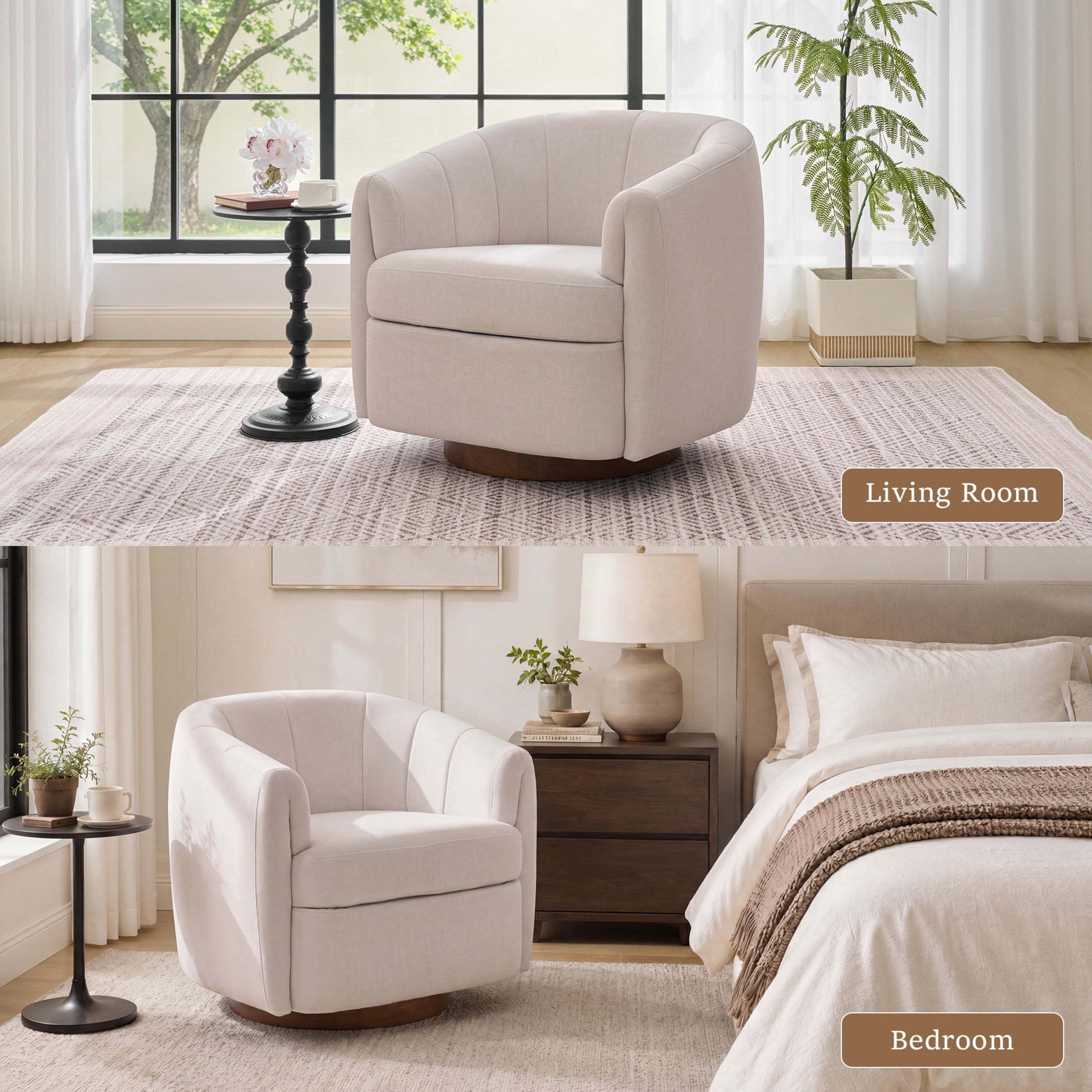 Noble House Swivel Accent Chair with Solid Wood Base, Velvet Upholstered Armchair for Living Room, White