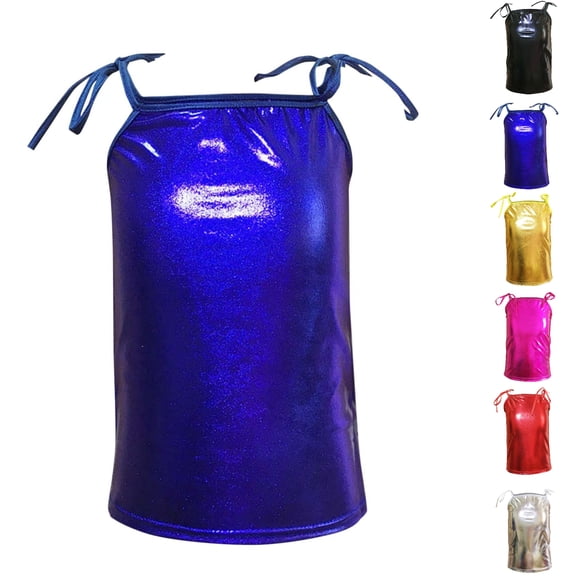 SGFCWSX Girls Tank Tops Metallic Shiny Tie Shoulder Sleeveless Party Dance Shirt Blue Size 7 Years