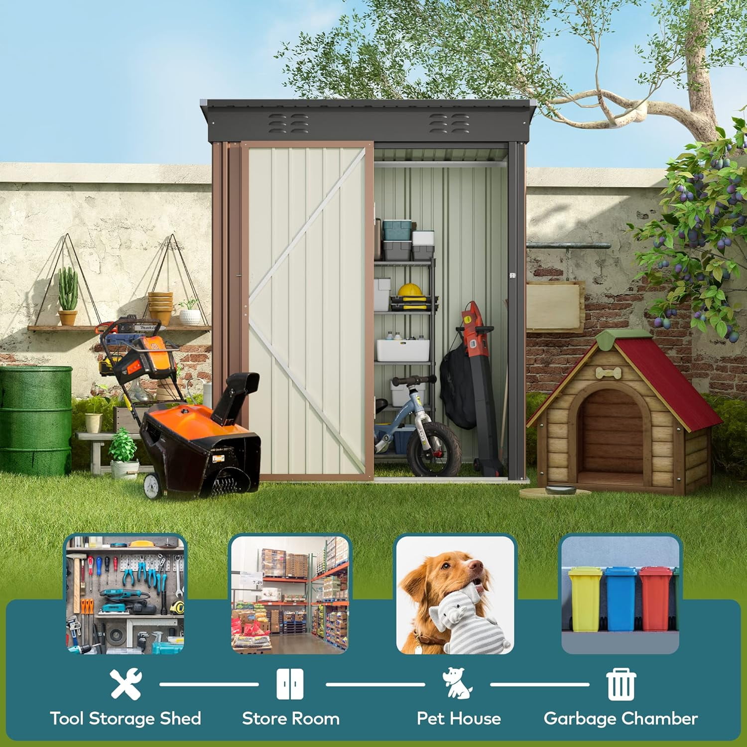 Lofka Outdoor Storage Shed,5'x 3' Metal Garden Shed with Single Lockable Door, All-Weather Galvanized Steel, Compact Space Saver for Garden Tools| Patio,  Brown(Cobertizo de almacenamiento)